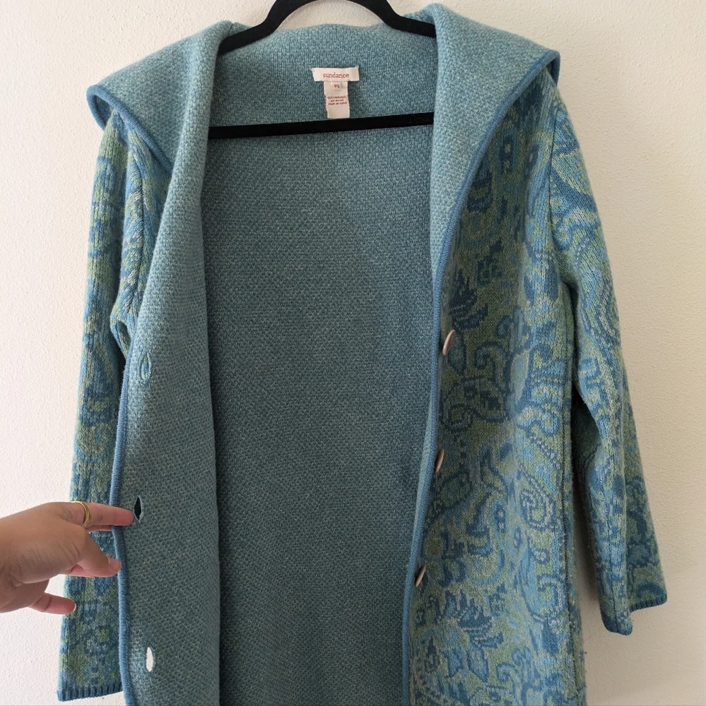 Sundance 100% Lambswool Teal Jacquard Jacket Cardigan sz PS Boho Fisherman - Picture 9 of 11